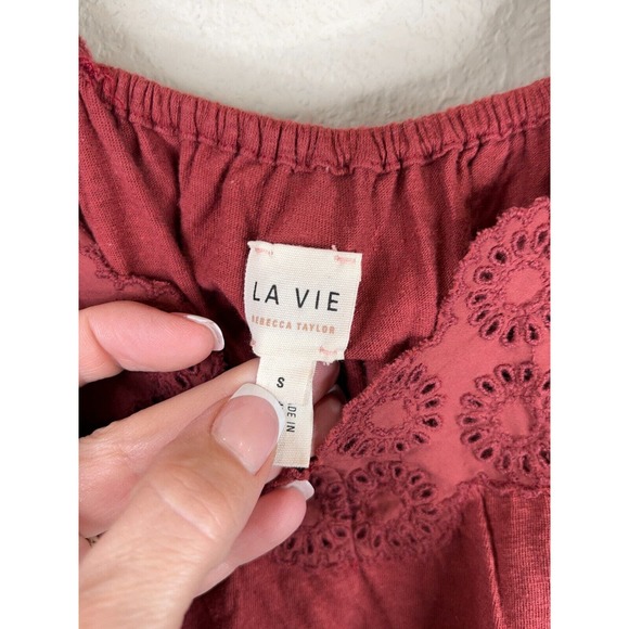 La Vie Rebecca Taylor Womens Blouse Top Small Red Eyelet Puff Sleeve Boho Retro - Picture 5 of 14